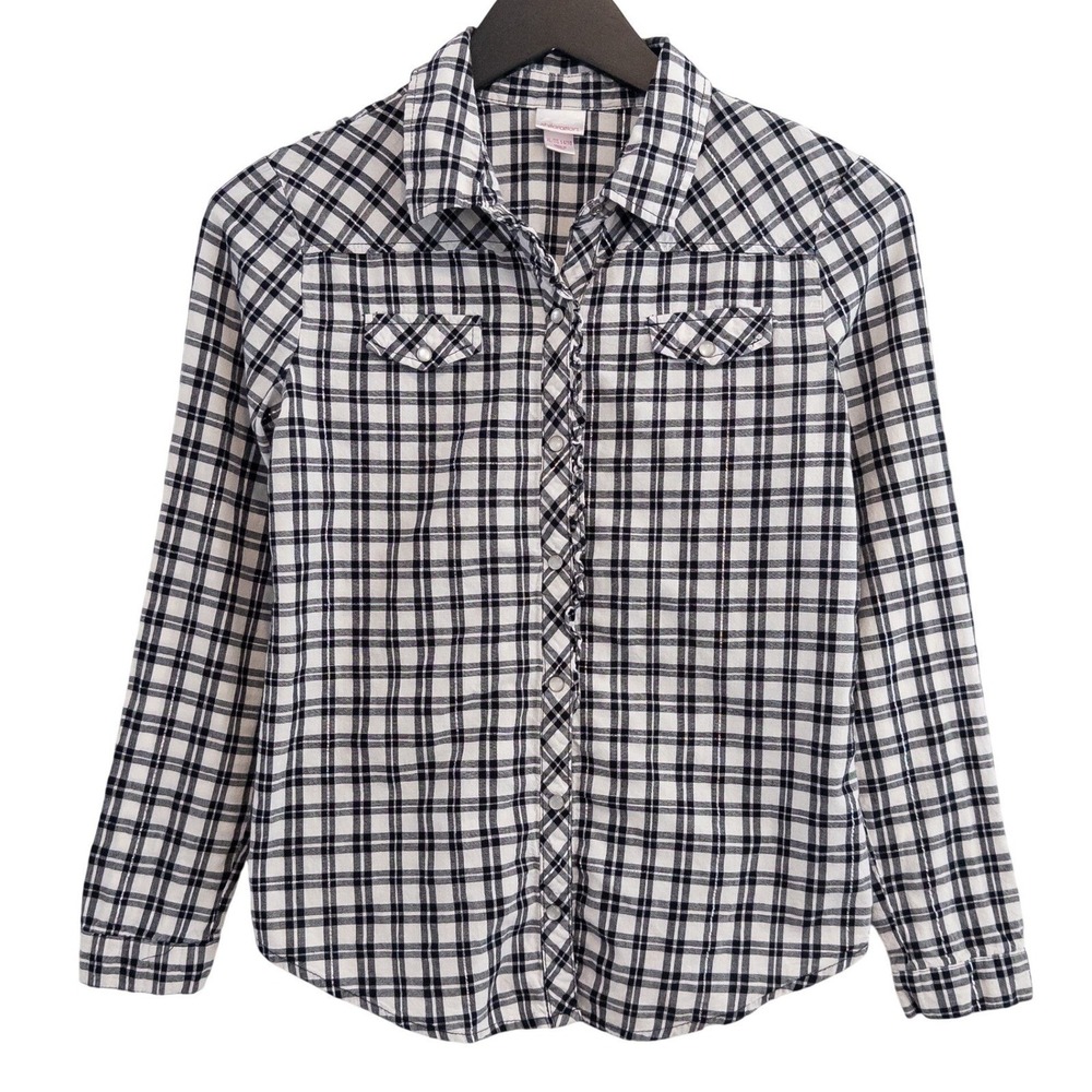 Xhilaration Plaid Button Up Shirt Girls L XL 14 16 Black White Long Sleeve